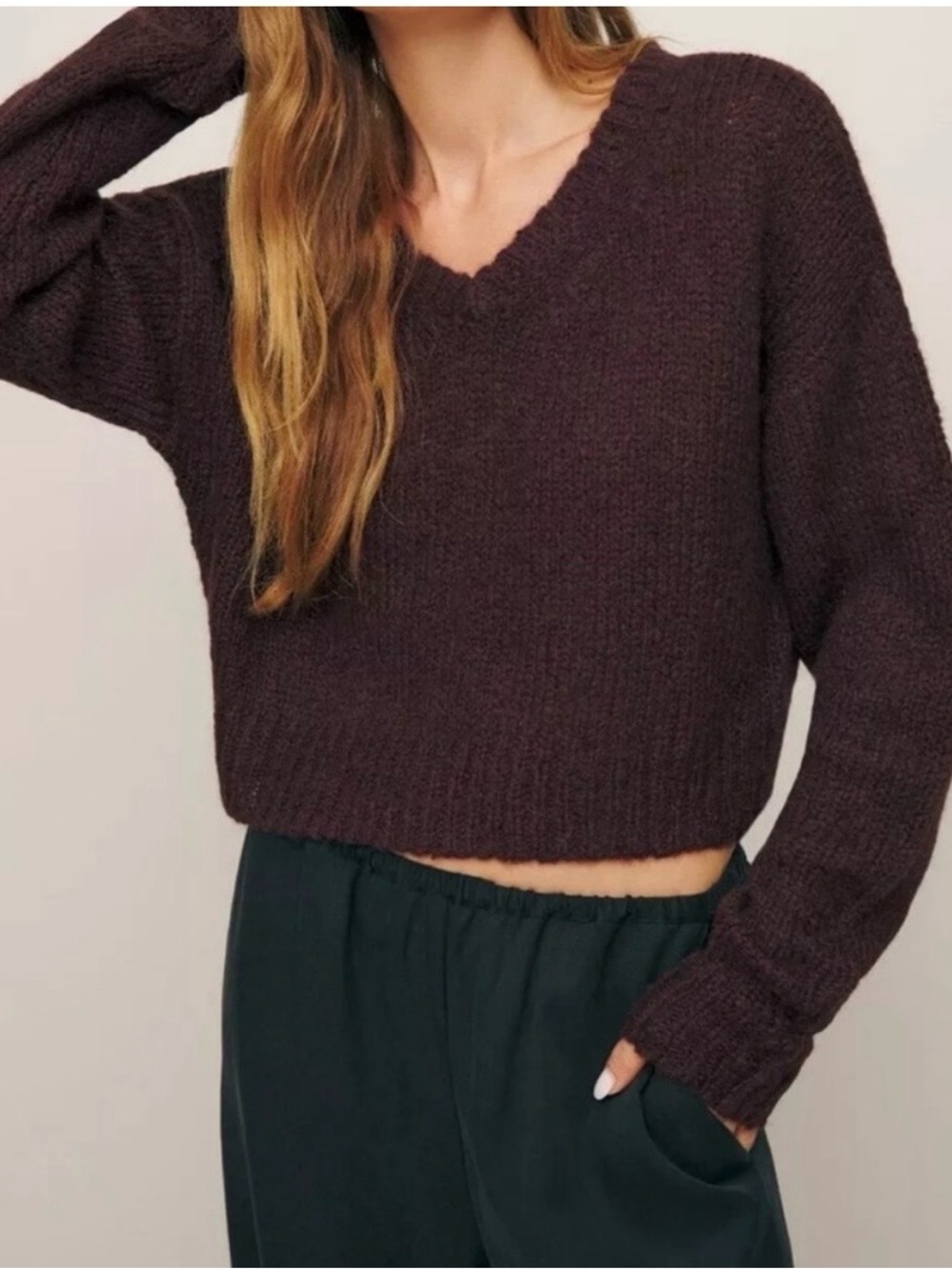 Reformation Cropped V-Neck Sweater in Acorn